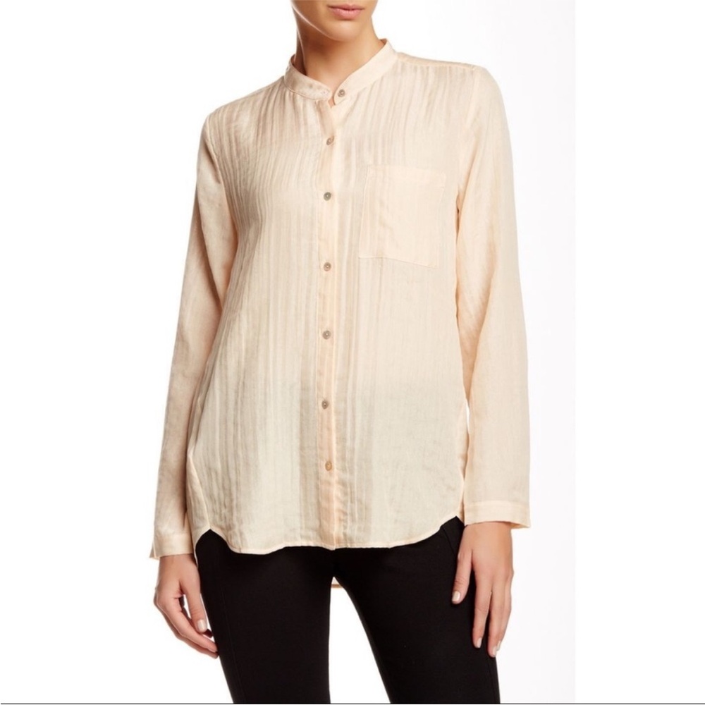 Eileen Fisher Mandarin Collar Linen Silk Cream Button Down Shirt Size L